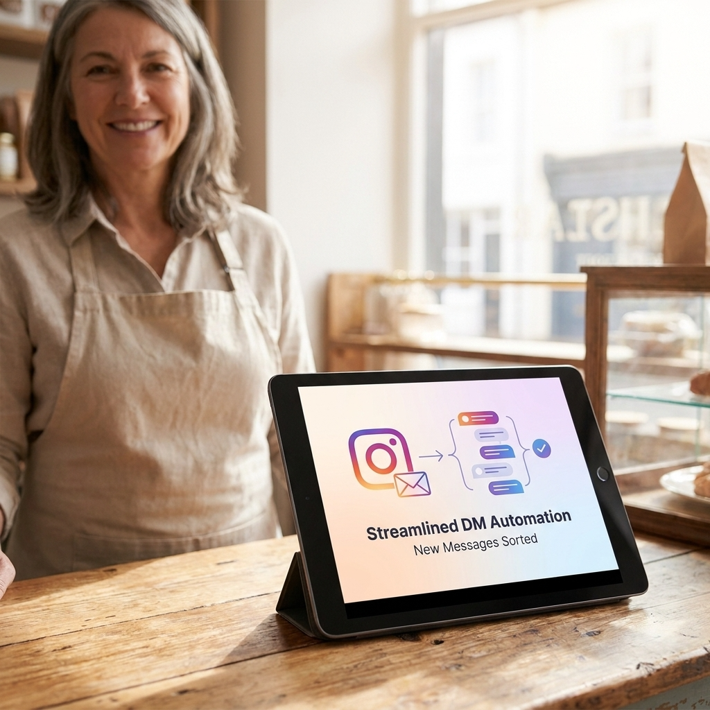A vibrant, modern graphic showcasing streamlined Instagram DM automation, with a clean, minimalist design and soft, warm lighting.
