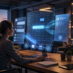 A woman using a scheduling dashboard on a large monitor in a modern office at dusk