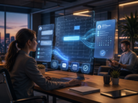 A woman using a scheduling dashboard on a large monitor in a modern office at dusk