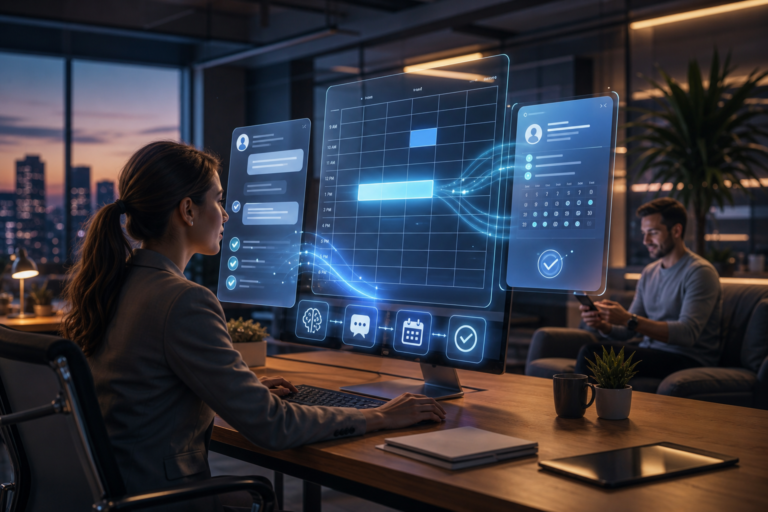 A woman using a scheduling dashboard on a large monitor in a modern office at dusk