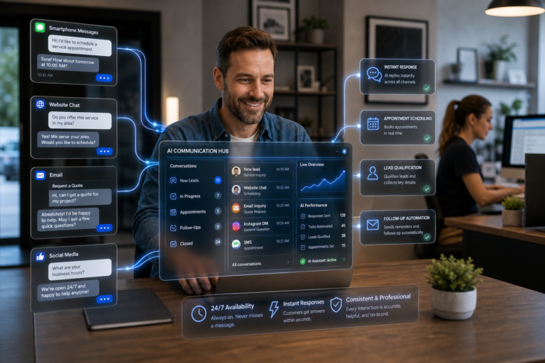 AI communication hub showing automated replies, appointment scheduling, lead qualification, and follow-up automation