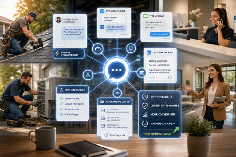 AI customer service automation for home services, with chat, text, booking, CRM, and follow-up features