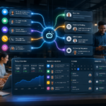 AI customer service dashboard showing messages, lead routing, bookings, CRM updates, and automation controls