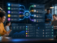AI customer service dashboard showing messages, lead routing, bookings, CRM updates, and automation controls