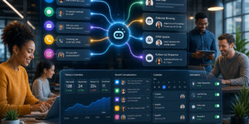 AI customer service dashboard showing messages, lead routing, bookings, CRM updates, and automation controls