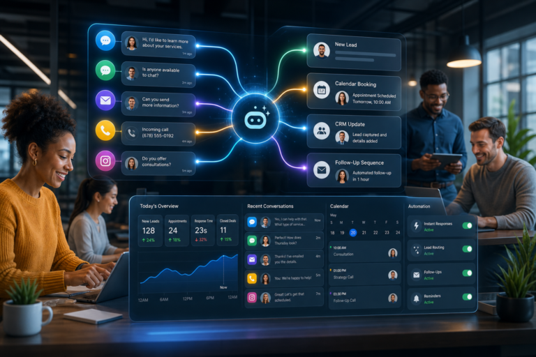 AI customer service dashboard showing messages, lead routing, bookings, CRM updates, and automation controls