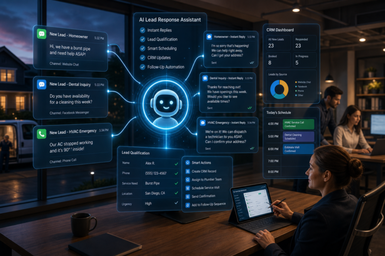AI lead response assistant dashboard automating lead replies, qualification, scheduling, and CRM updates