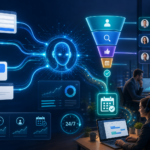 AI-powered customer service and scheduling workflow with chat, reviews, analytics, and 24/7 support icons