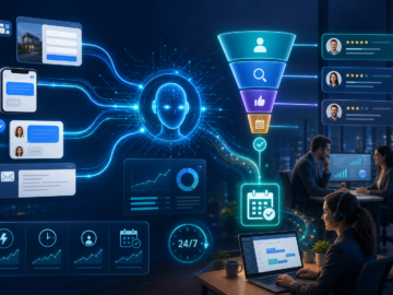 AI-powered customer service and scheduling workflow with chat, reviews, analytics, and 24/7 support icons