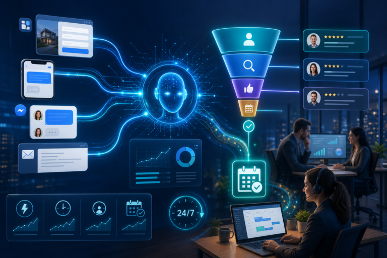 AI-powered customer service and scheduling workflow with chat, reviews, analytics, and 24/7 support icons