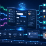 AI-powered omnichannel customer support workflow connecting SMS, chat, email, and social messages to CRM, booking, reminders, and live agents