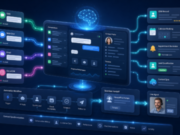 AI-powered omnichannel customer support workflow connecting SMS, chat, email, and social messages to CRM, booking, reminders, and live agents
