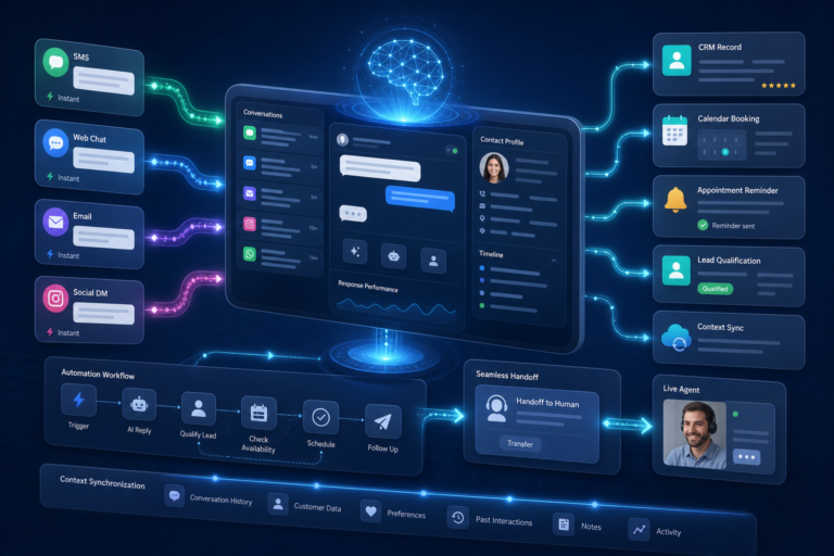 AI-powered omnichannel customer support workflow connecting SMS, chat, email, and social messages to CRM, booking, reminders, and live agents