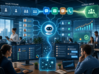 AI-powered sales pipeline dashboard showing leads, messages, closed deals, and performance charts