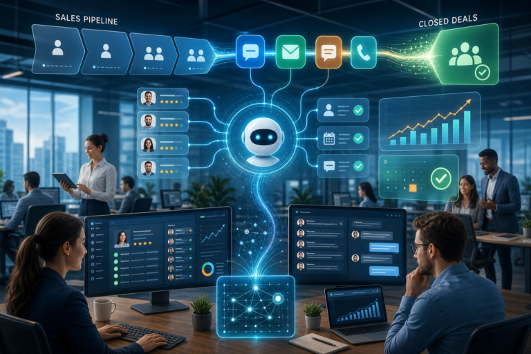 AI-powered sales pipeline dashboard showing leads, messages, closed deals, and performance charts