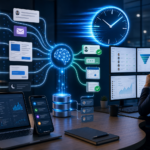 AI-powered workflow automation dashboard with messaging, scheduling, and analytics icons