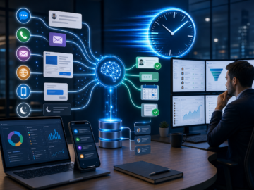 AI-powered workflow automation dashboard with messaging, scheduling, and analytics icons
