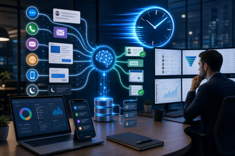 AI-powered workflow automation dashboard with messaging, scheduling, and analytics icons