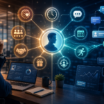 Businessman analyzing an AI-powered customer profile dashboard with chat, calendar, and performance icons