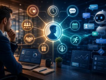 Businessman analyzing an AI-powered customer profile dashboard with chat, calendar, and performance icons