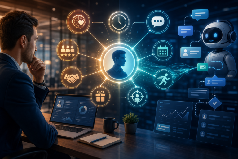Businessman analyzing an AI-powered customer profile dashboard with chat, calendar, and performance icons