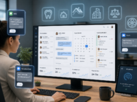 Customer service dashboard showing SMS, website chat, and email leads with appointments and lead scores