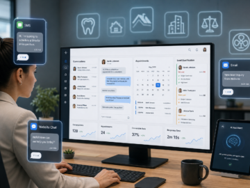 Customer service dashboard showing SMS, website chat, and email leads with appointments and lead scores
