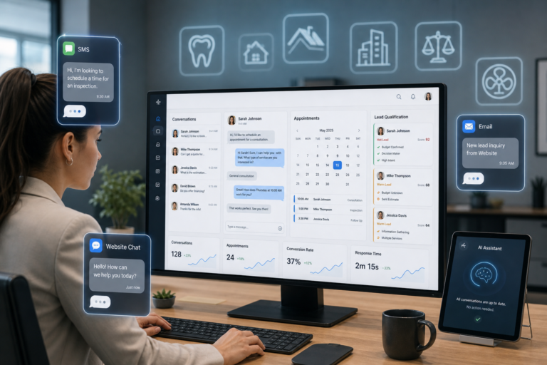 Customer service dashboard showing SMS, website chat, and email leads with appointments and lead scores