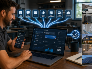 Lead management dashboard consolidating web, text, email, social, booking, CRM, and follow-up leads for home services