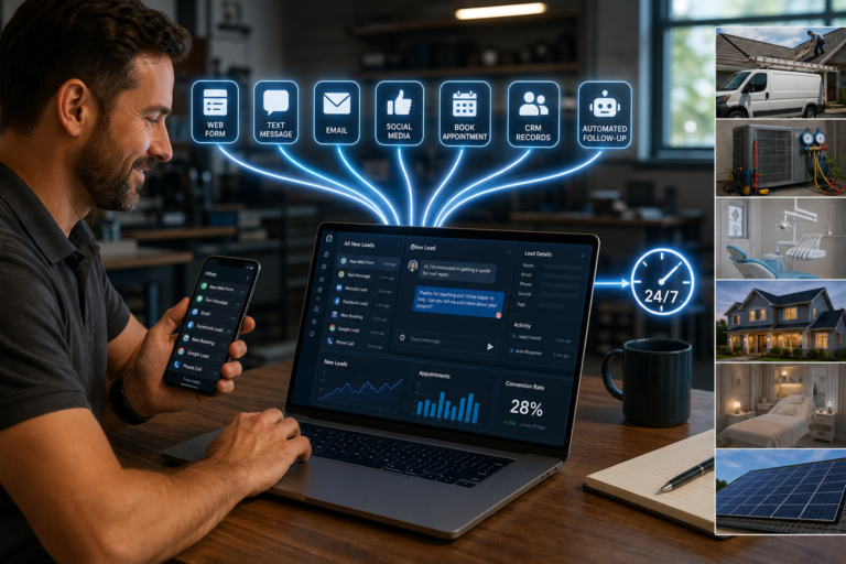 Lead management dashboard consolidating web, text, email, social, booking, CRM, and follow-up leads for home services