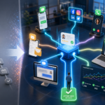 Omnichannel customer engagement workflow connecting SMS, email, social, calls, and calendar to booked appointments and analytics