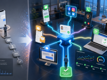 Omnichannel customer engagement workflow connecting SMS, email, social, calls, and calendar to booked appointments and analytics