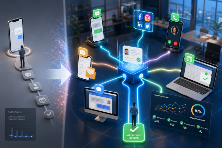 Omnichannel customer engagement workflow connecting SMS, email, social, calls, and calendar to booked appointments and analytics