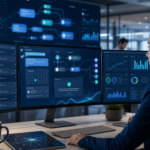 Woman monitoring business analytics dashboards on three computer monitors in an office