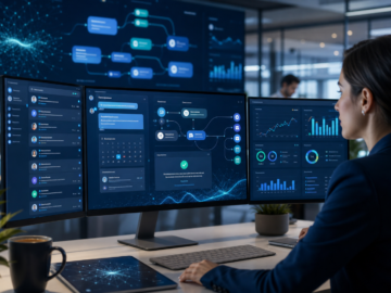 Woman monitoring business analytics dashboards on three computer monitors in an office
