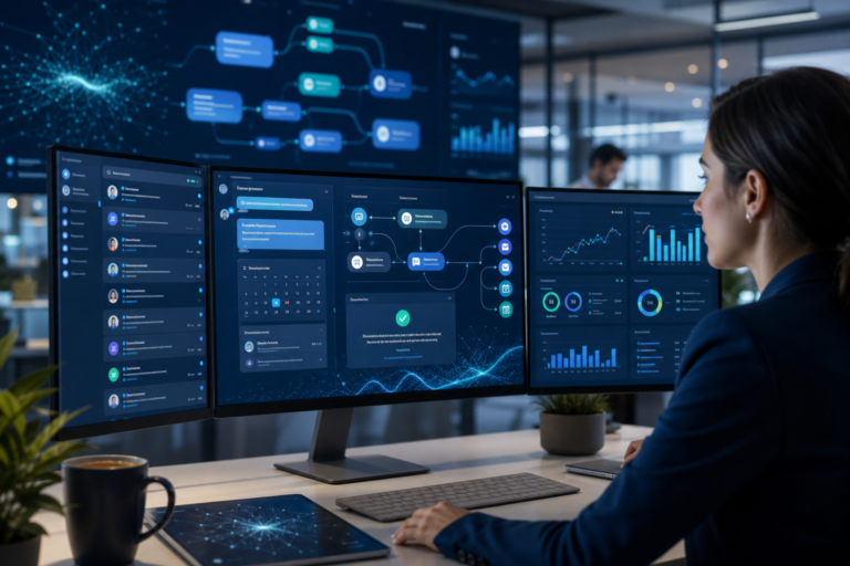 Woman monitoring business analytics dashboards on three computer monitors in an office