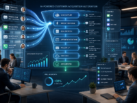 AI-powered customer acquisition automation workflow with lead capture, instant response, qualification, booking, follow-up, CRM sync, and conversion analytics