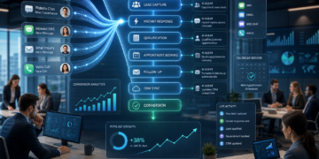 AI-powered customer acquisition automation workflow with lead capture, instant response, qualification, booking, follow-up, CRM sync, and conversion analytics