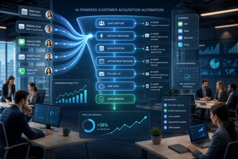 AI-powered customer acquisition automation workflow with lead capture, instant response, qualification, booking, follow-up, CRM sync, and conversion analytics