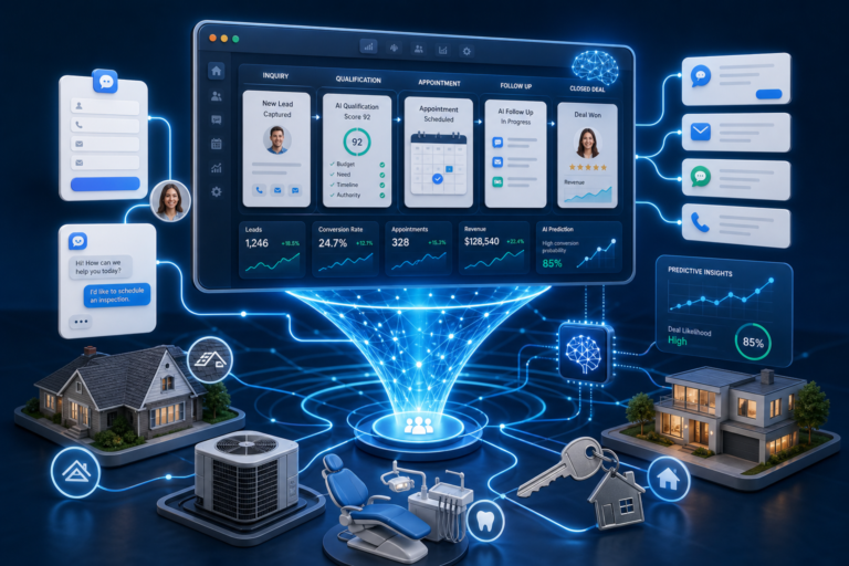 AI-powered lead management dashboard showing inquiry, qualification, appointment, follow-up, and closed-deal stages