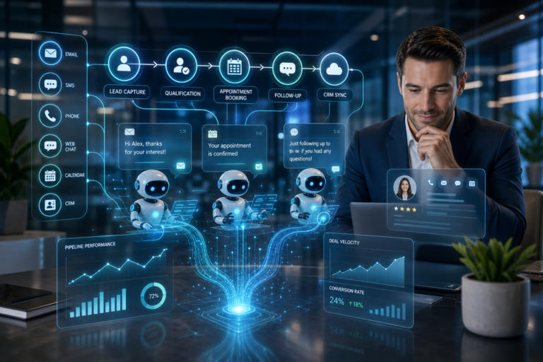 AI-powered sales automation workflow with lead capture, follow-up, CRM sync, and performance dashboards