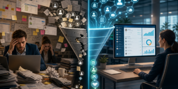 Office workflow transformation from chaos and burnout to organized, data-driven productivity