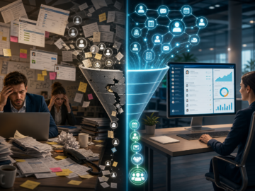 Office workflow transformation from chaos and burnout to organized, data-driven productivity