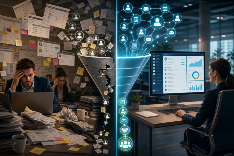 Office workflow transformation from chaos and burnout to organized, data-driven productivity